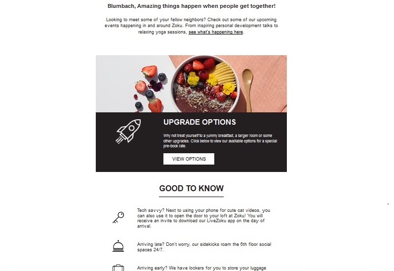 Email of the Zoku Hotel offering upgrades