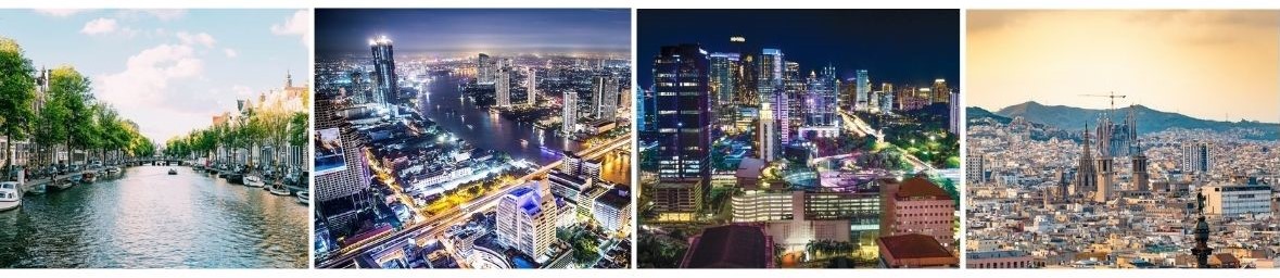 Images of our head offices across the globe including Amsterdam, Bangkok, Jakarta, and Barcelona.