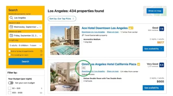 booking com native ads screenshot example hotel united states market