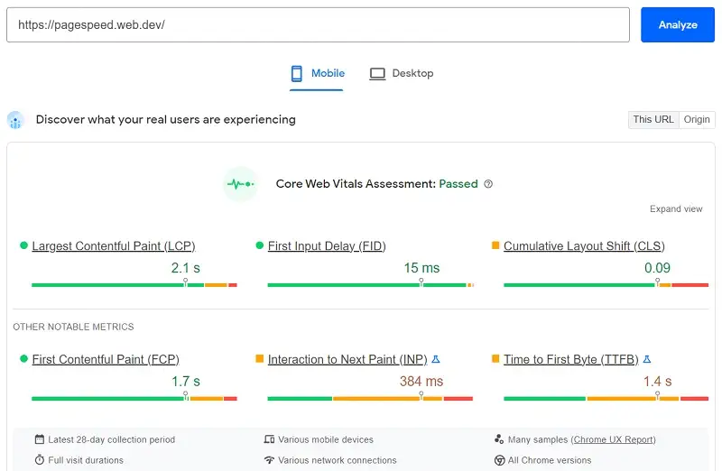 example to measure google pagespeed insights score for your hotel