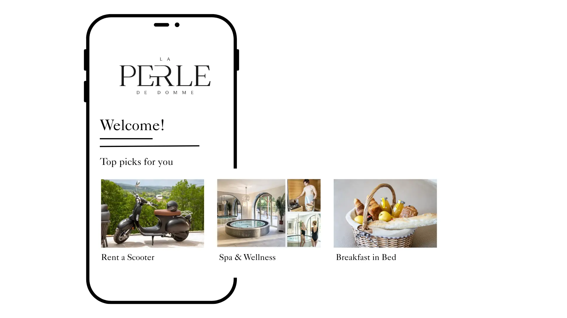 A smartphone screen showing a hotel interface with a "Top picks for you" section featuring experiential upsell options, one of the key hotel sales strategies.